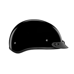 Angled profile view of D.O.T. Skull Cap Jr. Half
Shell Helmet Hi-Gloss Black Clear Lacquer Finish