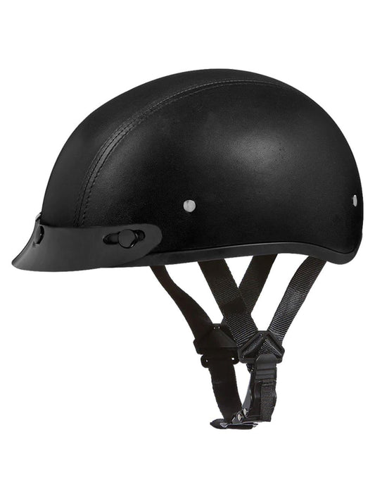 Side view of D.O.T. Slim Line Skull Cap 1/2 Shell Helmet Without Visor – Premium Leather Covered Motorcycle Helmet – Wide Wing Store