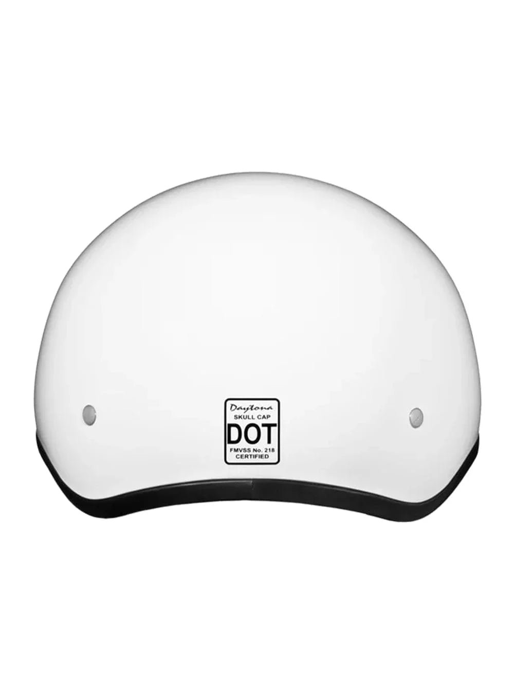 Back view showing DOT certification label on Daytona Skull Cap Beanie Style Motorcycle Helmet in White