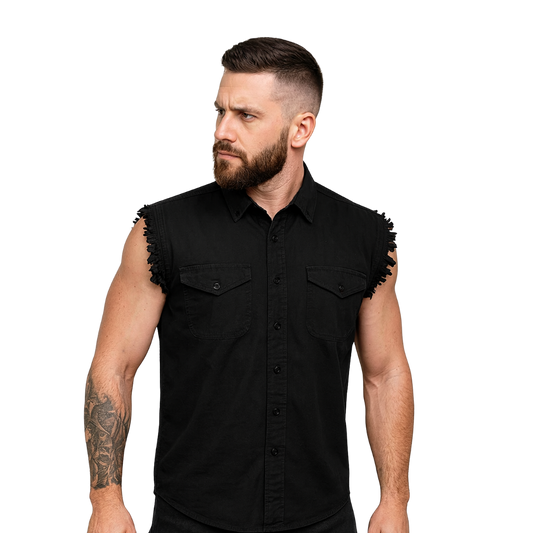 Denim Biker Black Sleeveless Cotton Shirt - Cutoff Cotton Shirt Solid Black