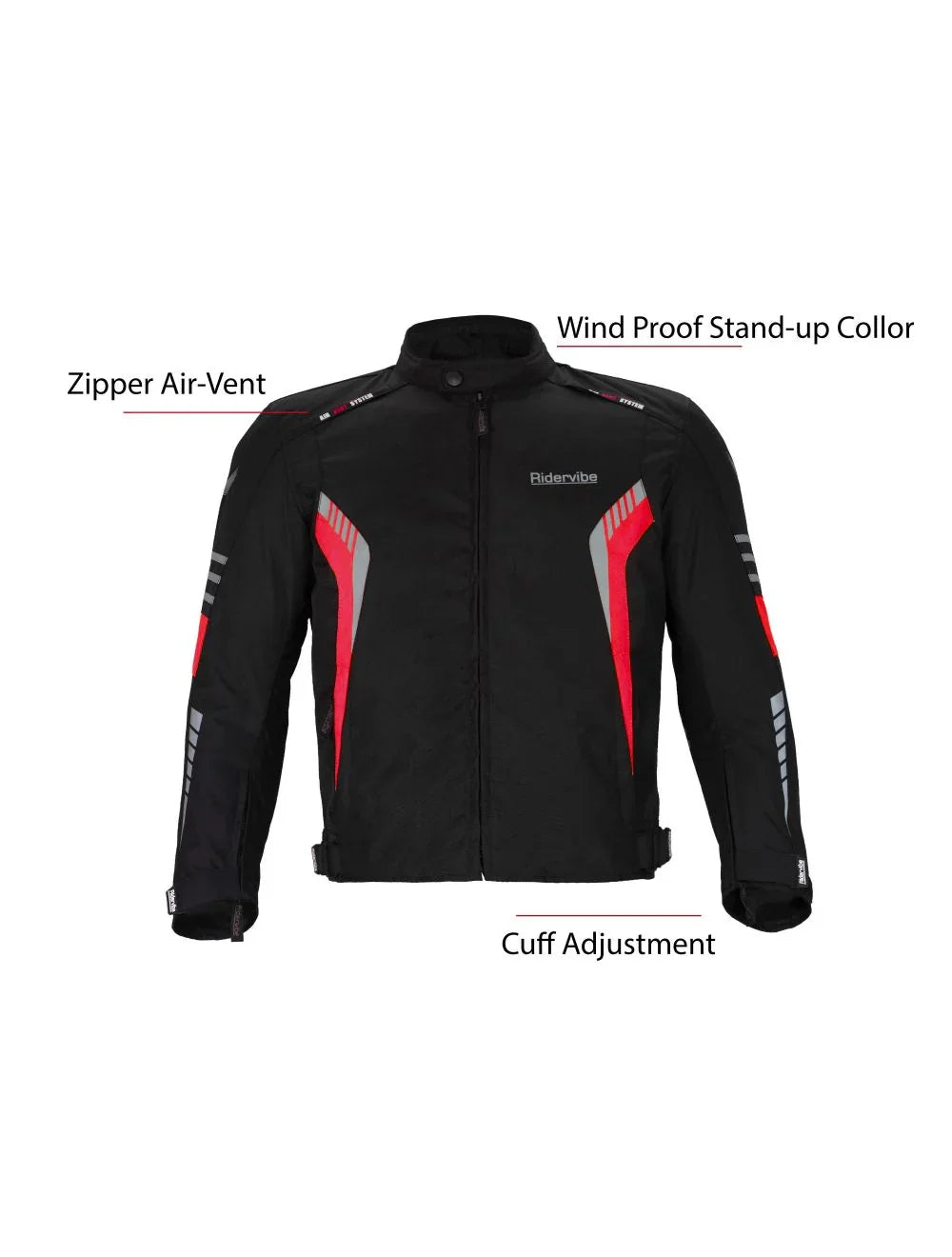 Highlighted view showing zipper vents, windproof collar, and cuff adjustability