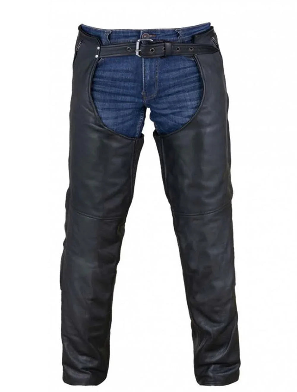 Full Front View of Multi-Pocket Leather Motorcycle Chaps