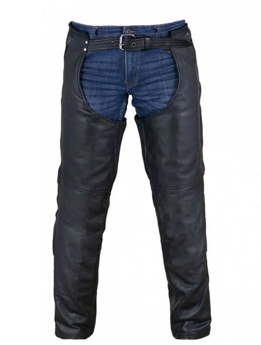 Full Front View of Multi-Pocket Leather Motorcycle Chaps