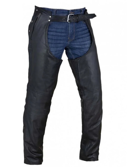 Men's Black Leather Chaps Front View with
Adjustable Belt