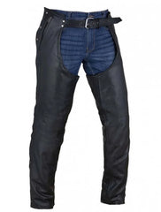 Men's Black Leather Chaps Front View with
Adjustable Belt