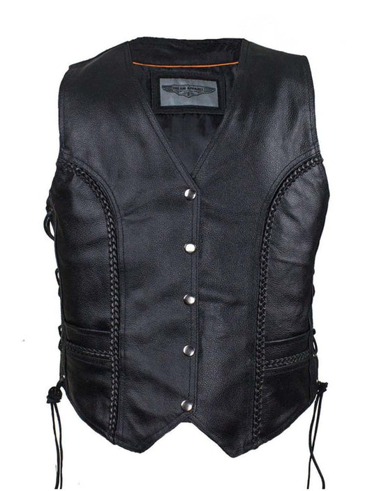 Ladies Black Leather Braided Motorcycle Vest Front View