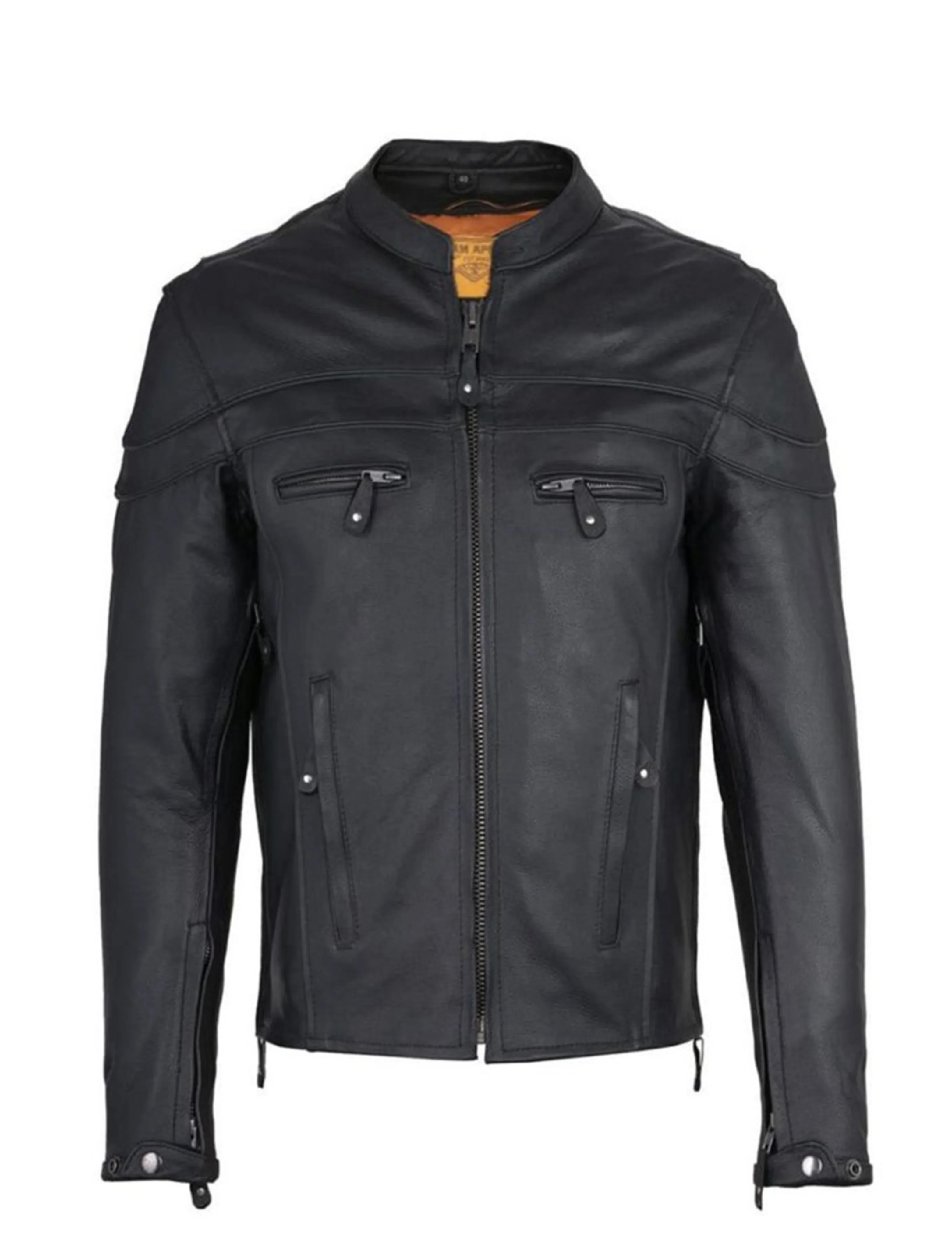 Men's black leather biker jacket with zip front and chest pockets