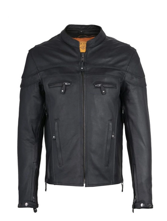 Men's black leather biker jacket with zip front and chest pockets