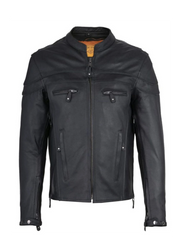 Men's black leather biker jacket with zip front and chest pockets