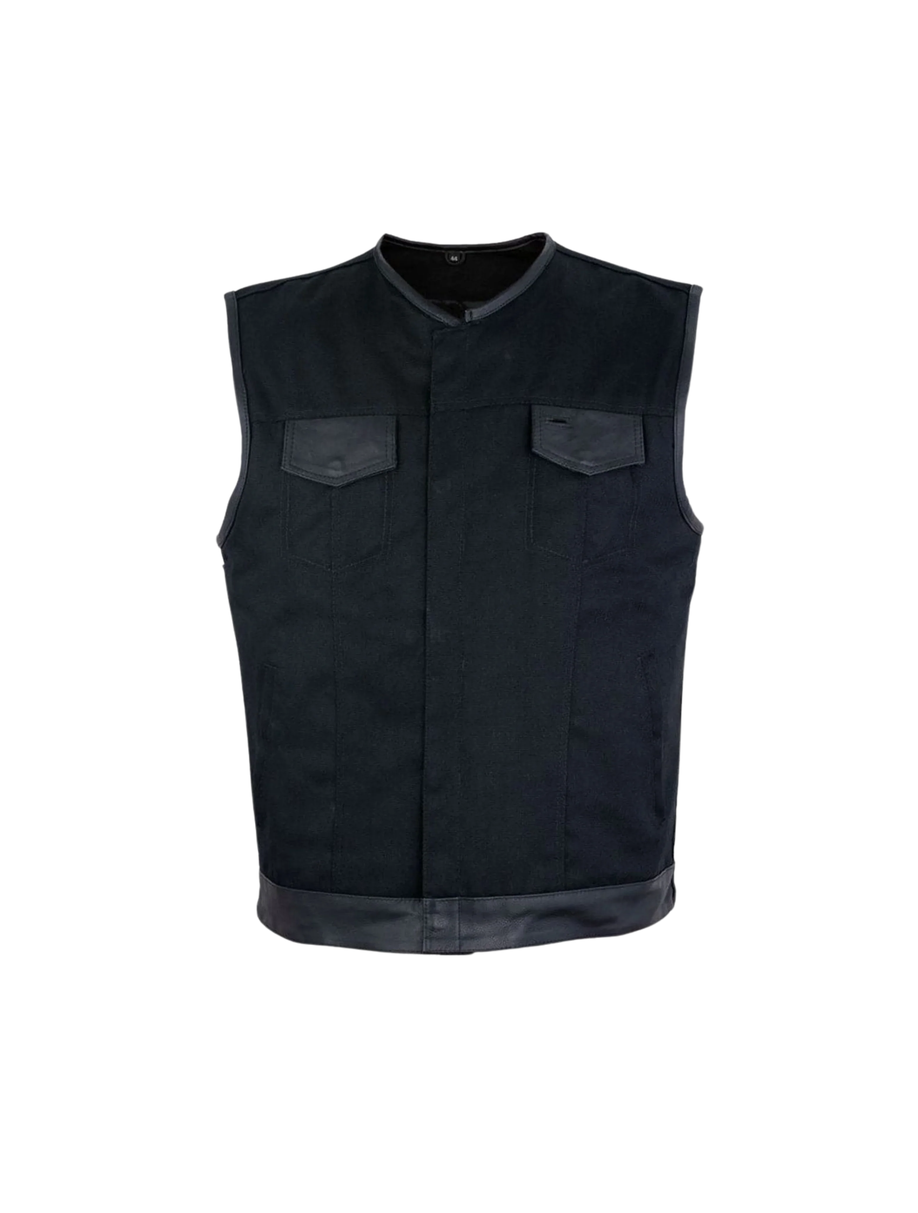 Front view of men’s black denim motorcycle vest with leather trims and concealed carry pockets