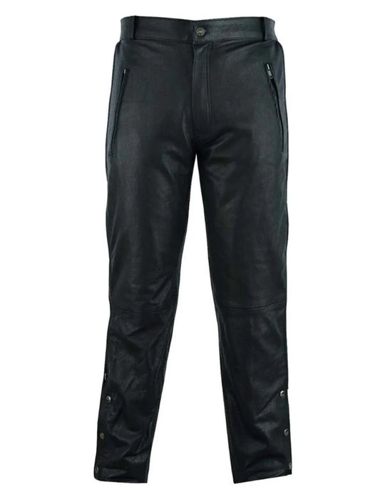 Front view of black leather motorcycle pants for men with zipper – Naked cowhide biker trousers