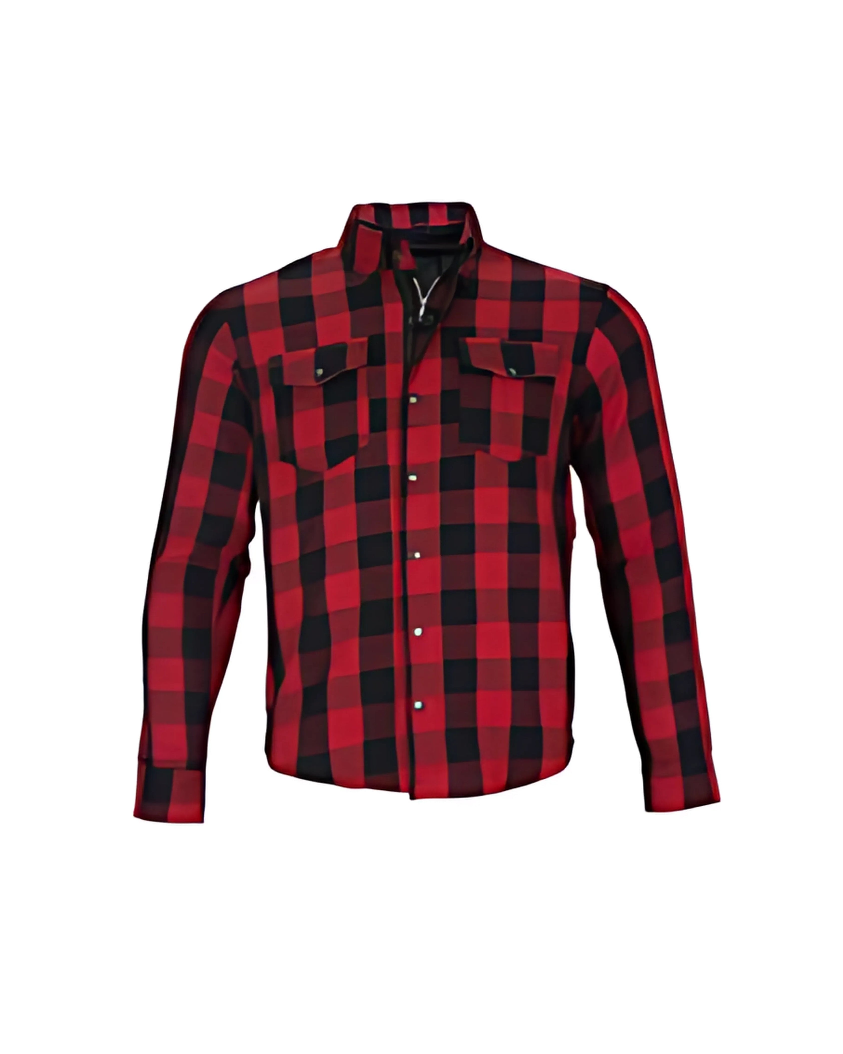 Front view of red and black checkered flannel riding shirt with chest pockets