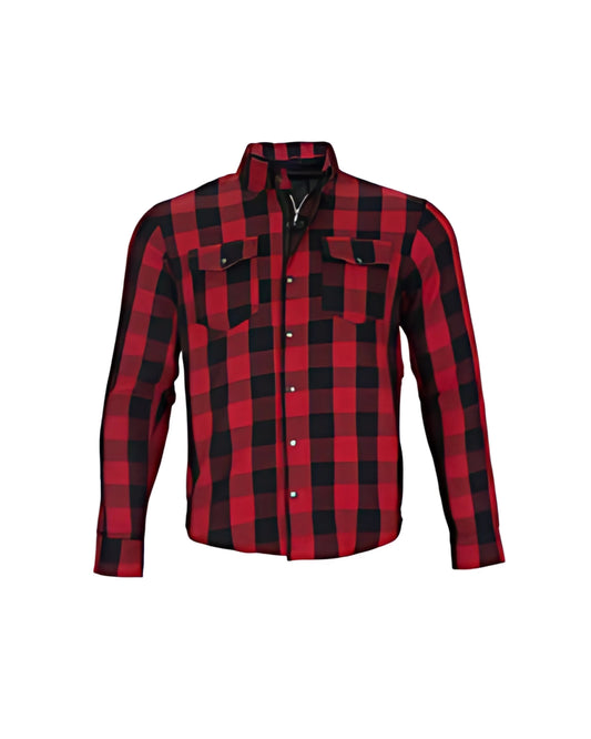 Front view of red and black checkered flannel riding shirt with chest pockets