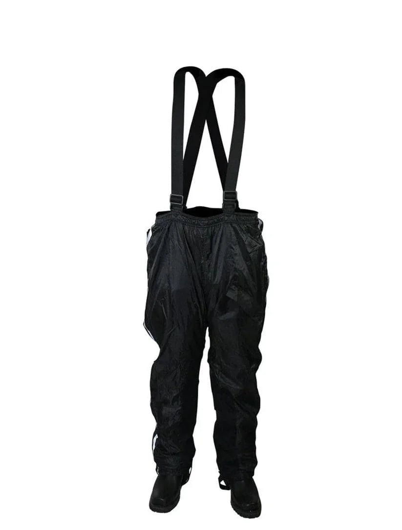 Rain pants with X-back suspenders for
secure fit and comfort