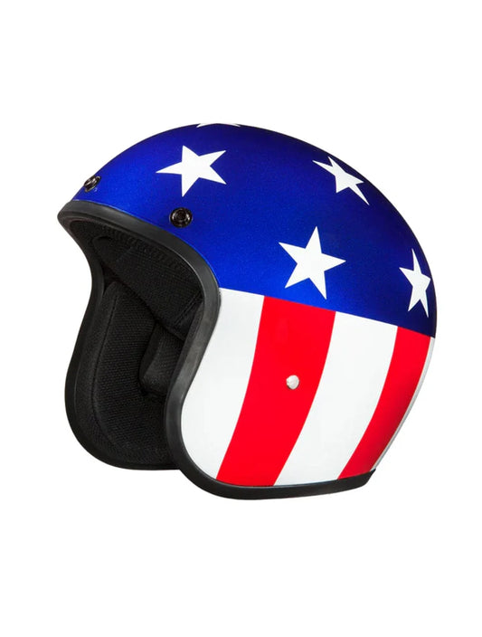 Front view of Daytona Cruiser Open Face Motorcycle Helmet with Captain America stars and
stripes design – Wide Wing Store