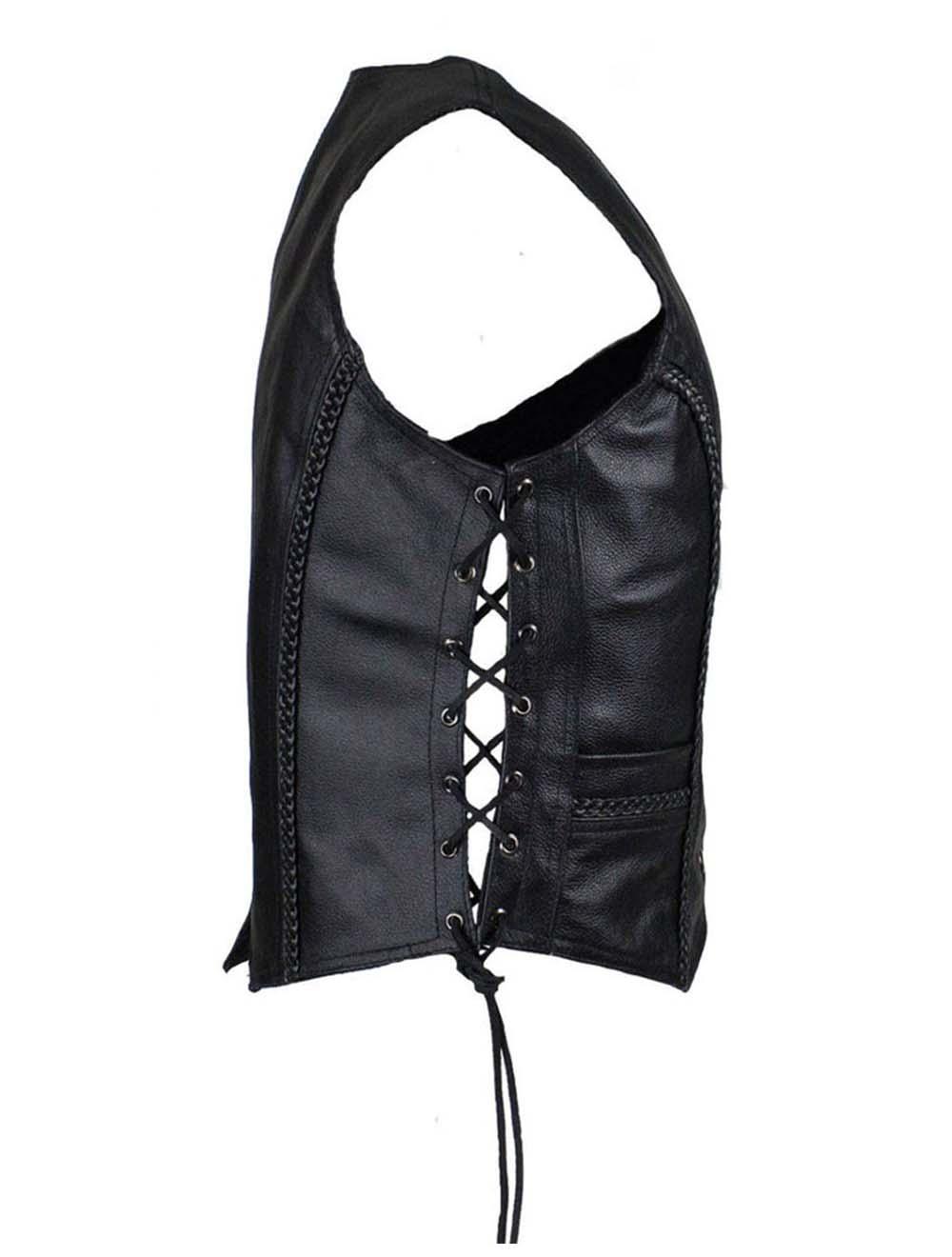 Inner Pockets Women’s Black Leather Braided Vest