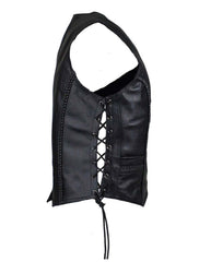 Inner Pockets Women’s Black Leather Braided Vest