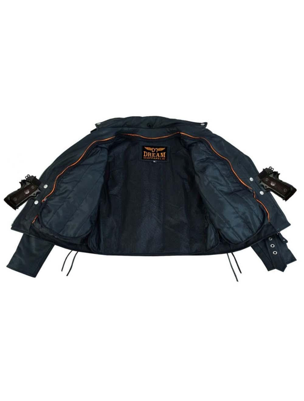 Inside view showing concealed carry gun
pockets in women’s biker leather jacket