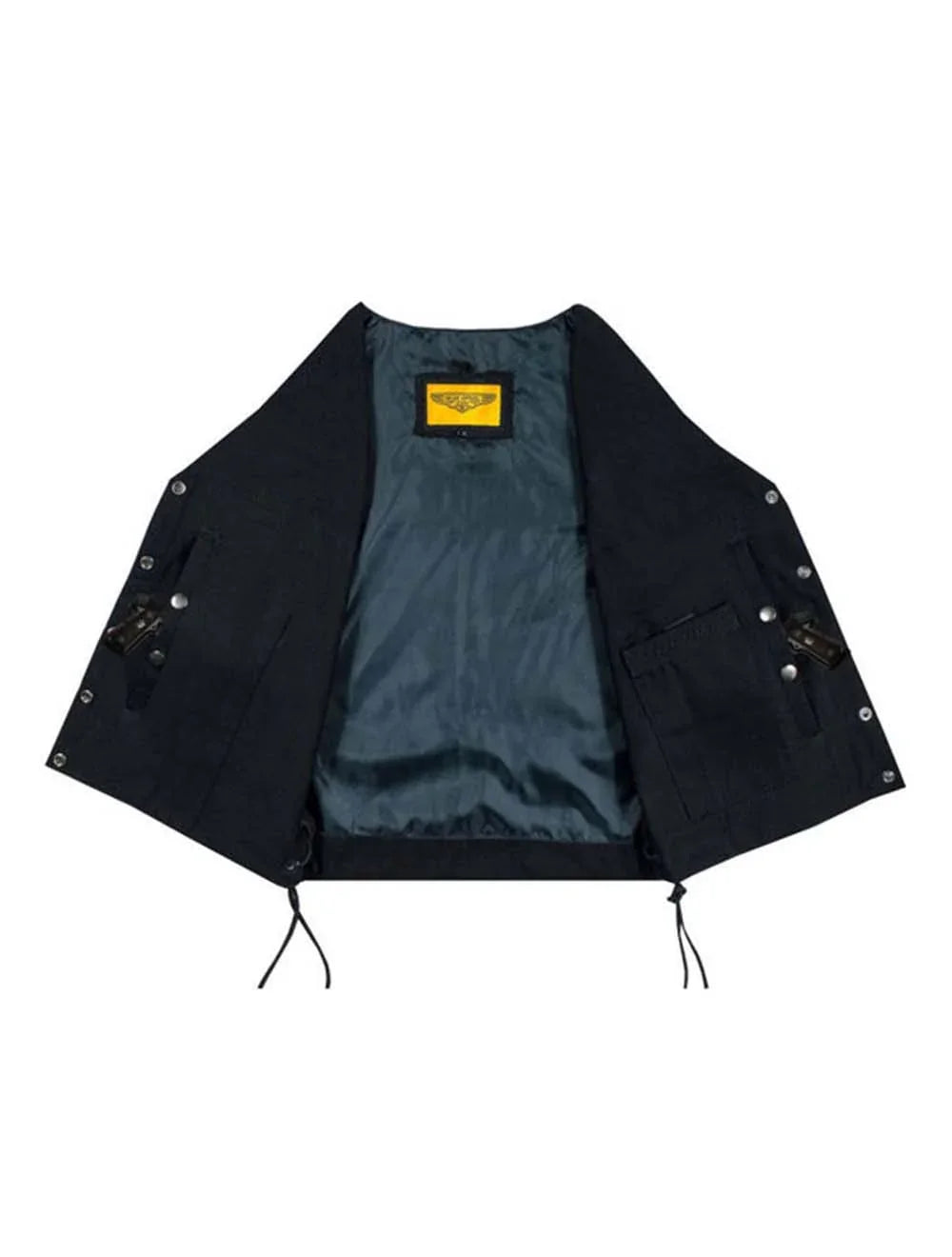 Interior view showing concealed
carry pockets and soft lining of
Women’s Black Denim Vest