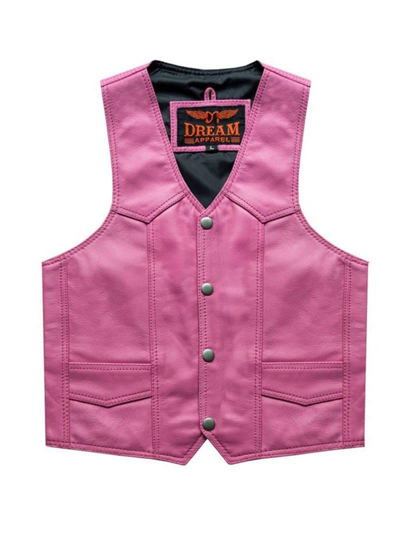 Pink leather motorcycle vest for girls with snap button closure
