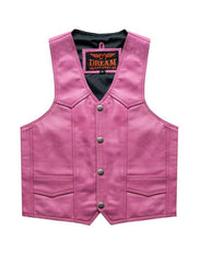 Pink leather motorcycle vest for girls with snap button closure
