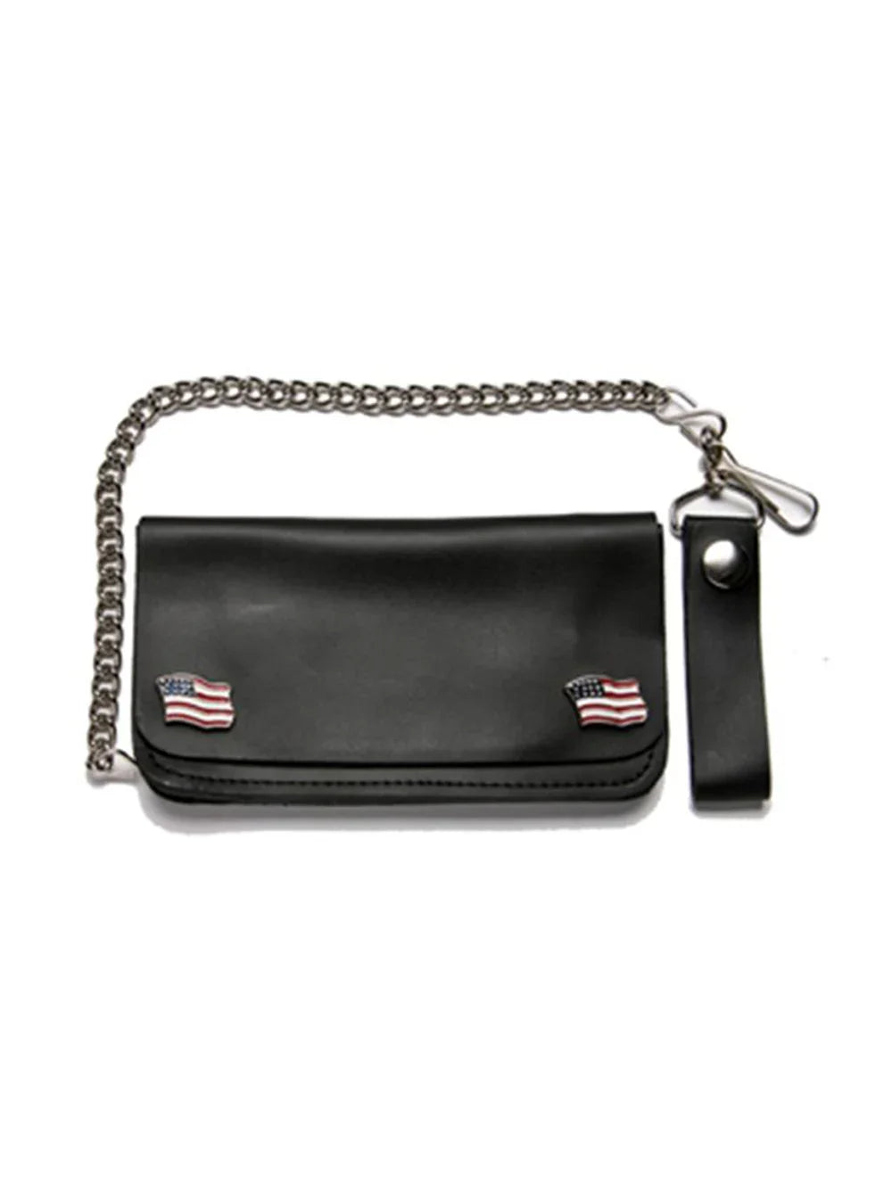 Front view of Leather Biker Wallet with USA Flag Snaps and chrome chain