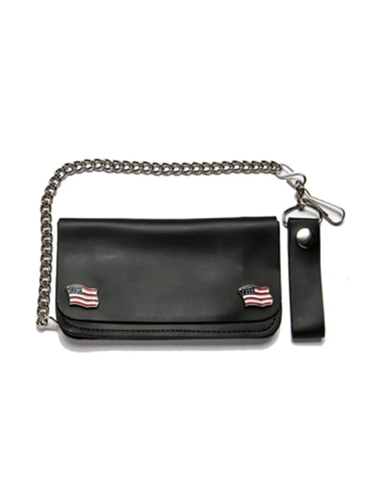Front view of Leather Biker Wallet with USA Flag Snaps and chrome chain