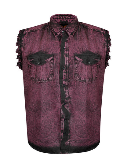 Mens Biker Cuttoff Cotton Shirt Stonewash Burgundy