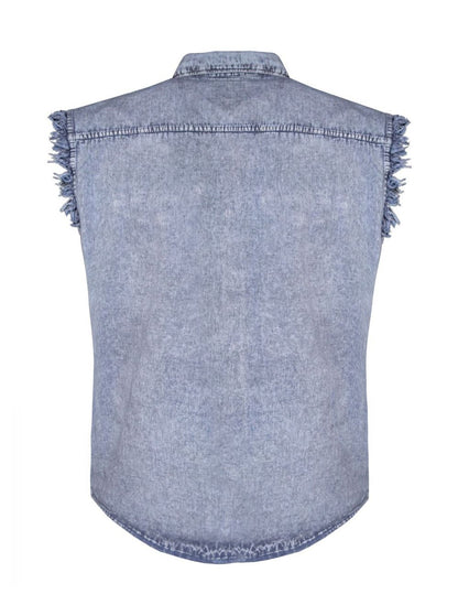 Sky Blue Cotton Shirt - Men's Biker Cutoff Cotton Shirt Stonewash Sky Blue