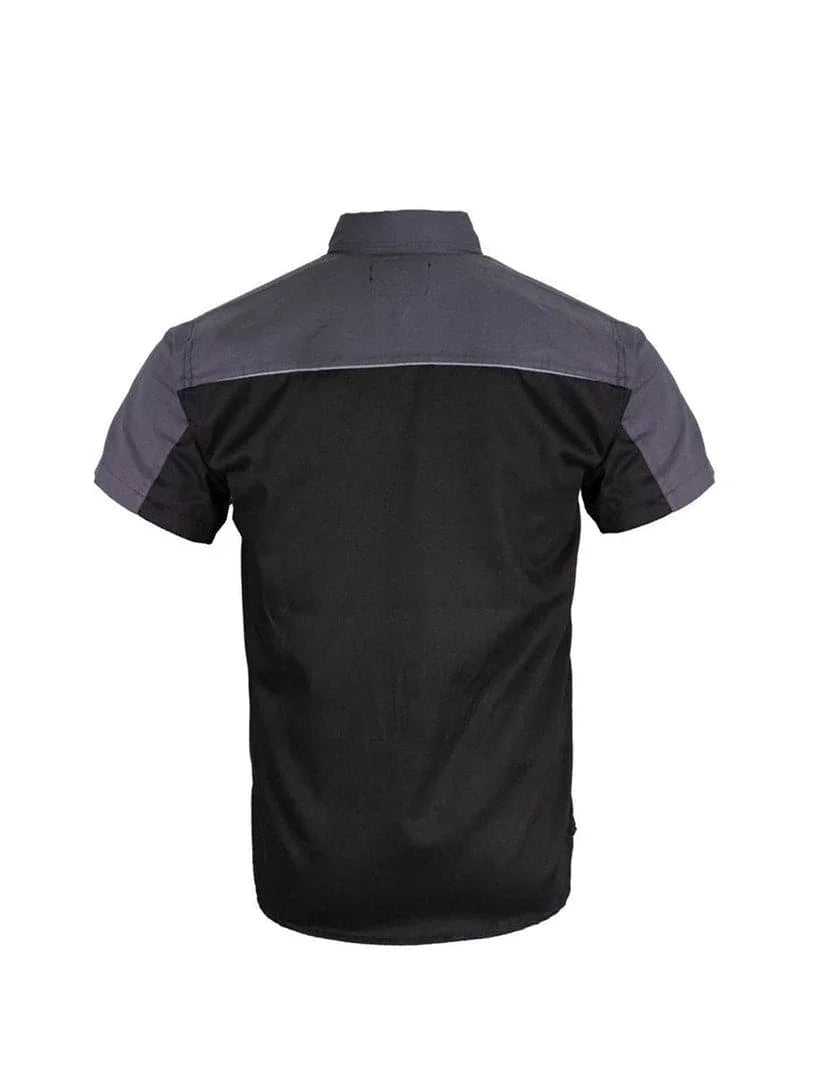 Back view of Premium Mechanic Shirt with Reflector on Back – Short Sleeve Grey Black Work Shirt for Automotive Use – Wide Wing Store