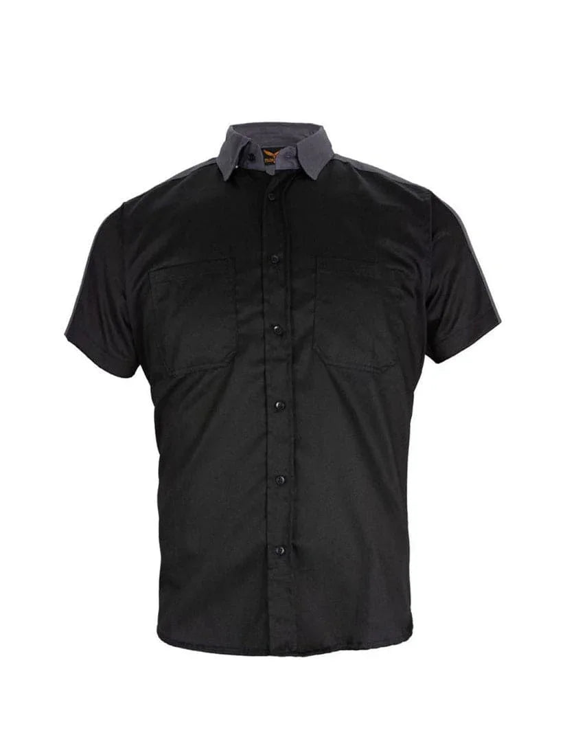 Front view of Mechanic Short Sleeve Motorcycle Shirt Grey and Black with Reflector – Durable Work Shirt for Men – Wide Wing Store