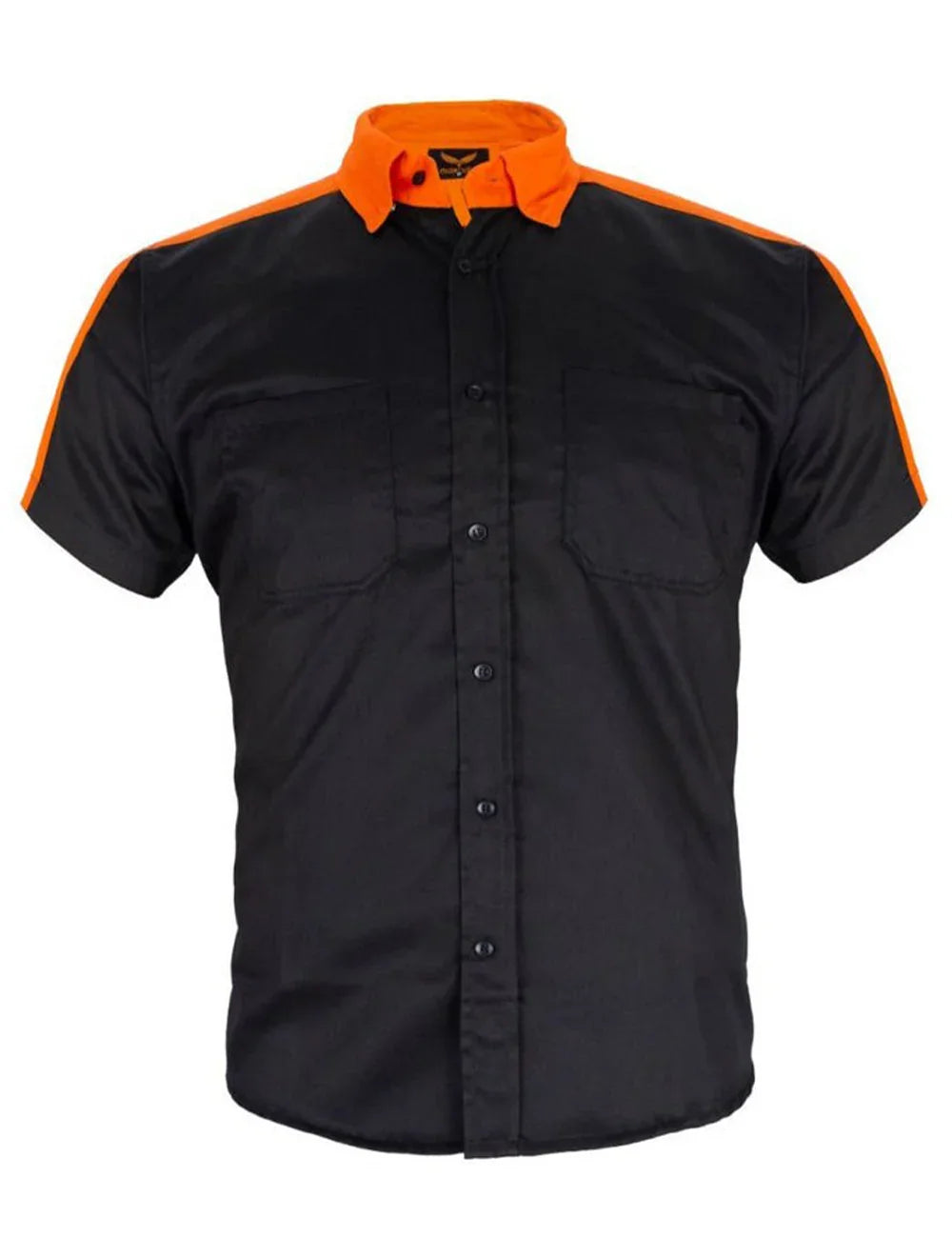 Front view of Mechanic Short Sleeve Motorcycle Shirt Orange and Black with Reflector – Durable Work Shirt for Men – Wide Wing Store 