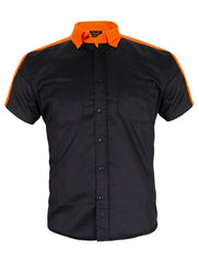 Front view of Mechanic Short Sleeve Motorcycle Shirt Orange and Black with Reflector – Durable Work Shirt for Men – Wide Wing Store 