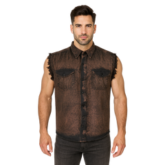 Men’s Biker Cutoff Cotton Denim Shirt Stonewash Chocolate Brown – Wide Wing Store