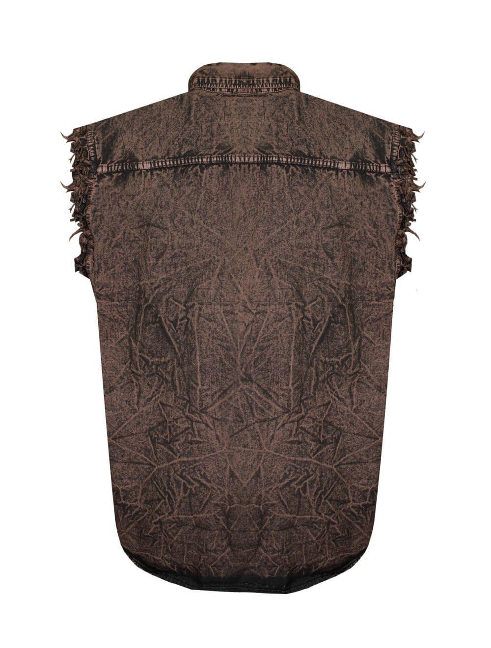 Back view of Sleeveless Biker Cutoff Cotton Denim Shirt Stonewash Chocolate Brown – Wide Wing Store
