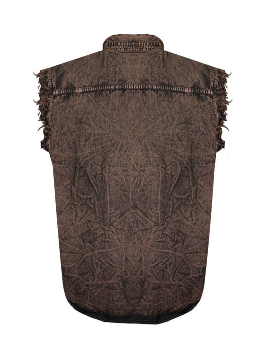 Back view of Sleeveless Biker Cutoff Cotton Denim Shirt Stonewash Chocolate Brown – Wide Wing Store