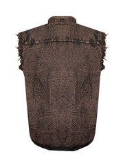 Back view of Sleeveless Biker Cutoff Cotton Denim Shirt Stonewash Chocolate Brown – Wide Wing Store