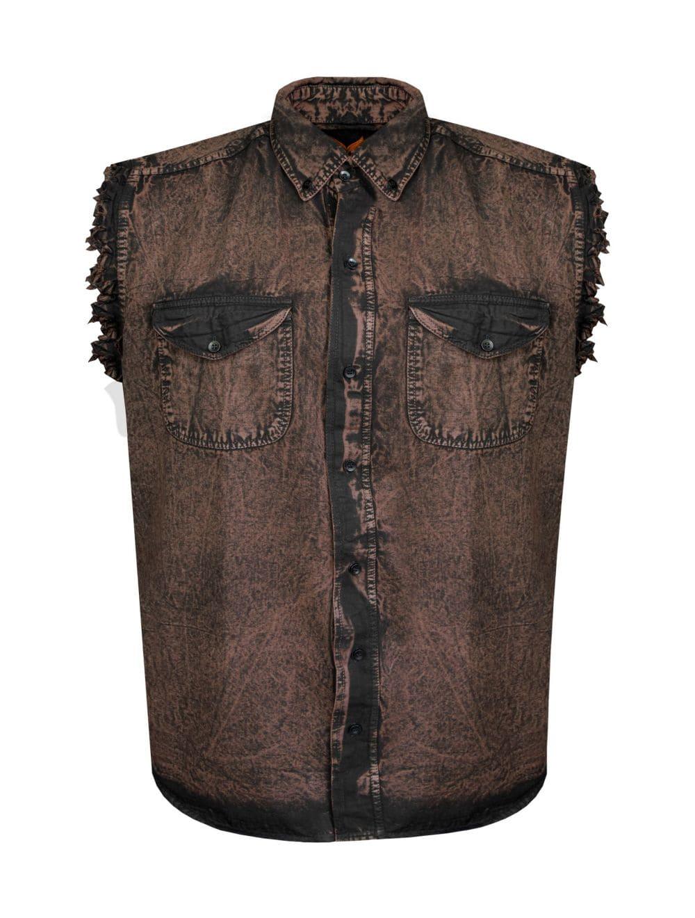 Front view of Men’s Biker Cutoff Cotton Shirt Stonewash Chocolate Brown with Frayed Sleeves – Wide Wing Store
