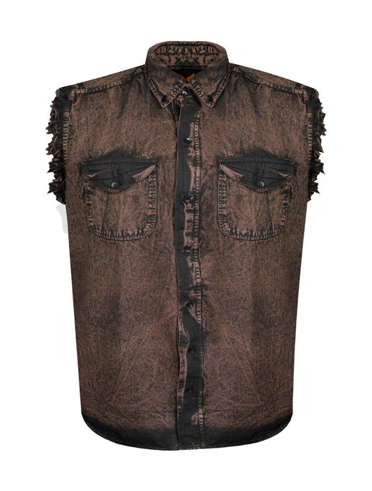 Front view of Men’s Biker Cutoff Cotton Shirt Stonewash Chocolate Brown with Frayed Sleeves – Wide Wing Store