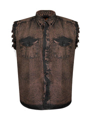 Front view of Men’s Biker Cutoff Cotton Shirt Stonewash Chocolate Brown with Frayed Sleeves – Wide Wing Store