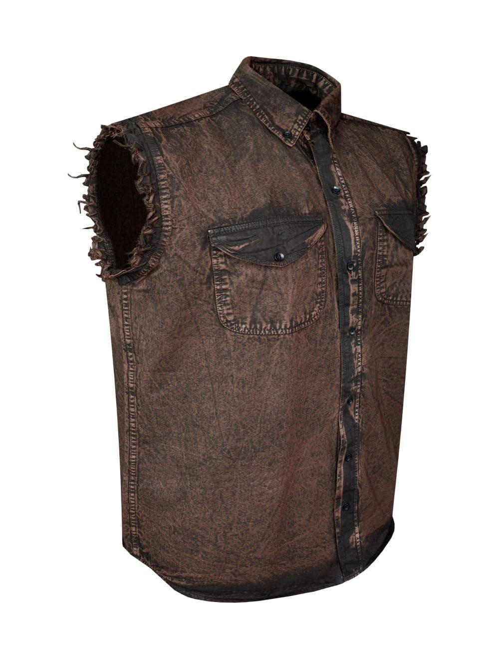 Side angle view of Men’s Sleeveless Biker Cutoff Shirt Stonewash Chocolate Brown – Frayed Armholes – Wide Wing Store
