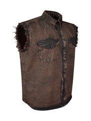 Side angle view of Men’s Sleeveless Biker Cutoff Shirt Stonewash Chocolate Brown – Frayed Armholes – Wide Wing Store