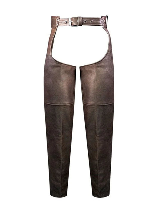 Front View of Men's Heavy-Duty Brown
Leather Motorcycle Chaps with Belt
