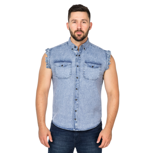 Men's Denim Biker Cutoff Cotton Shirt - Stonewash Sky Blue Cotton Shirt