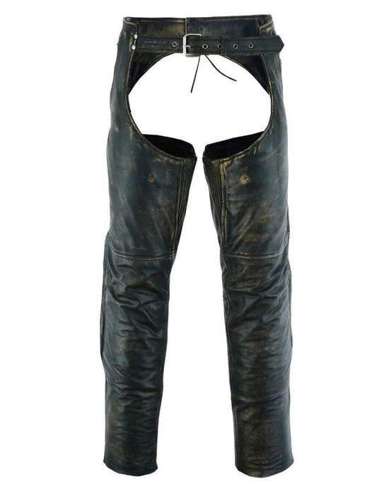 Front view of distressed brown leather
motorcycle chaps for men with buckle and