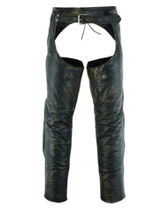Front view of distressed brown leather
motorcycle chaps for men with buckle and