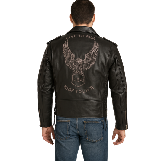 Men’s Leather Jacket with Embossed Eagle – Premium Cowhide Biker Style
