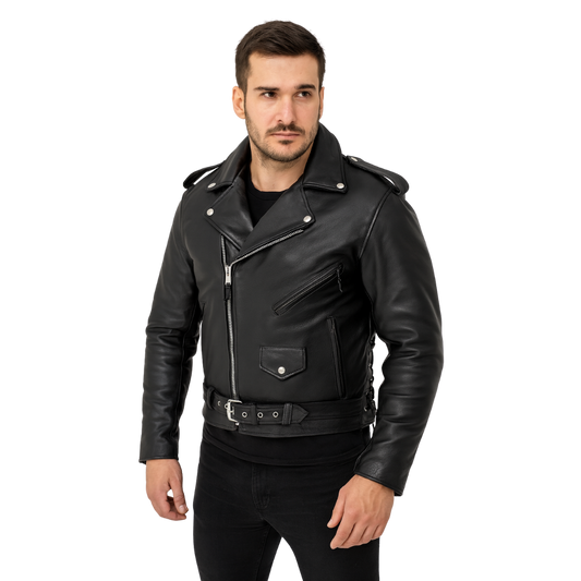 Men’s Premium Cowhide Leather Motorcycle Jacket with Side Laces – Classic Police-Style Biker Look