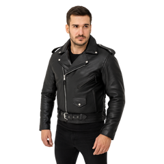 Men’s Premium Cowhide Leather Motorcycle Jacket with Side Laces – Classic Police-Style Biker Look
