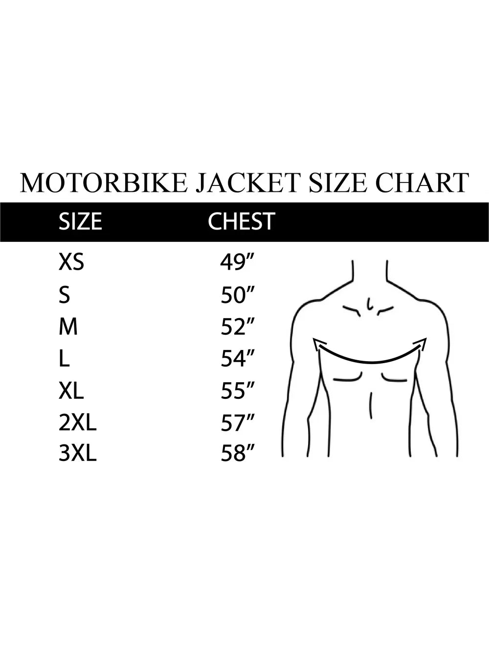 Motorbike jacket sizing chart from XS to 3XL based on chest measurement